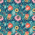 Vector seamless pattern with different flowers, leaves, berries on a turquoise background. pattern for printing on fabric, clothin Royalty Free Stock Photo